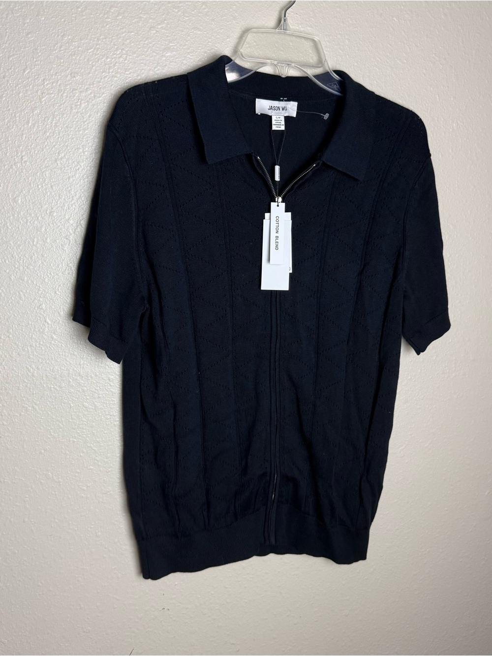 Jason Wu Navy Zip-Front Short Sleeve Polo Sweater